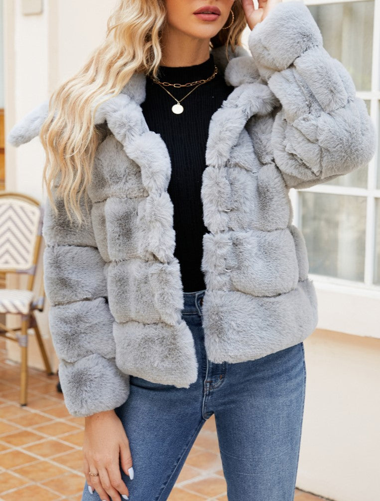 Wide Collar Ribbed Plush Faux Fur Coat - Grey - 1