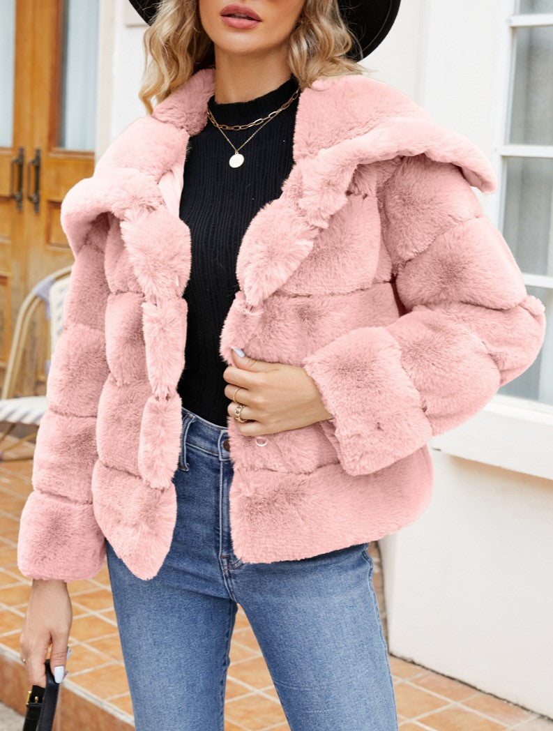 Wide Collar Ribbed Plush Faux Fur Coat - Pink - 1
