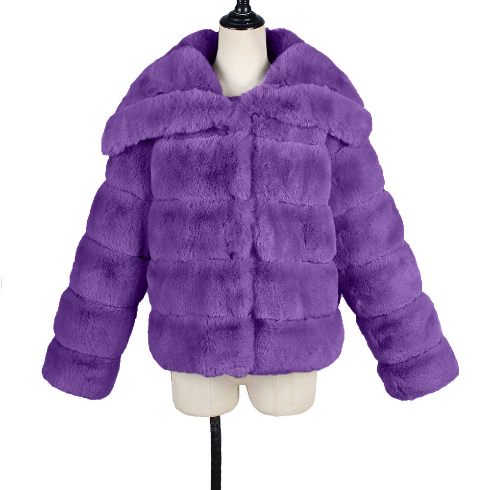 Wide Collar Ribbed Plush Faux Fur Coat - Purple