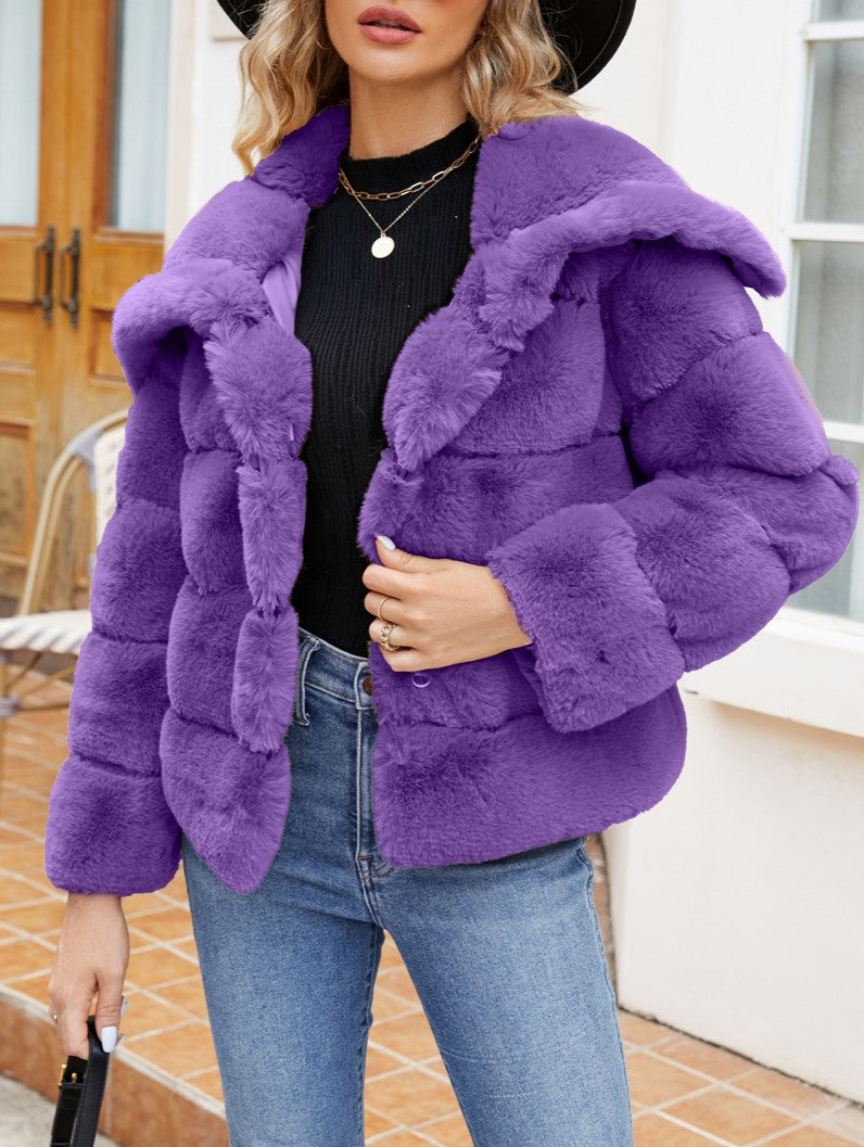 Wide Collar Ribbed Plush Faux Fur Coat - Purple - 1