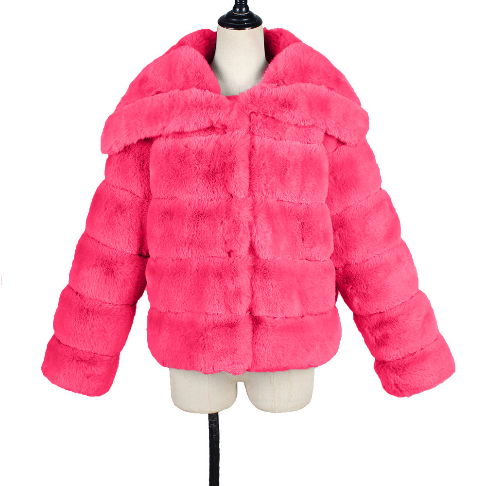 Wide Collar Ribbed Plush Faux Fur Coat - Rosered