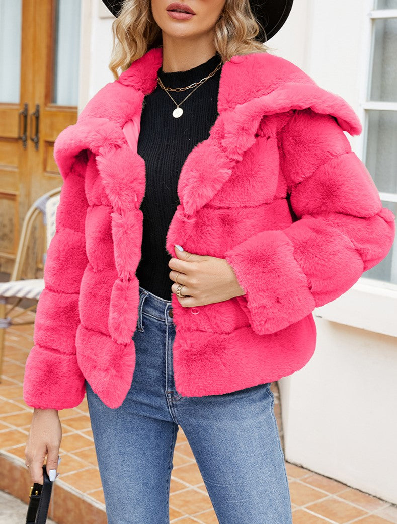 Wide Collar Ribbed Plush Faux Fur Coat - Rosered - 1