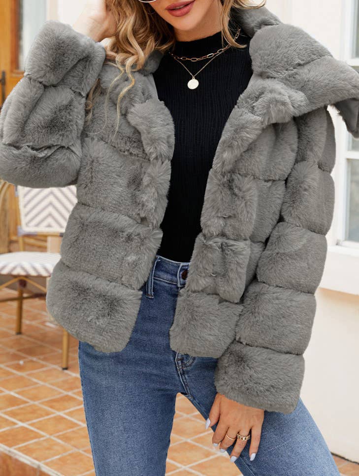 Wide Collar Ribbed Plush Faux Fur Coat