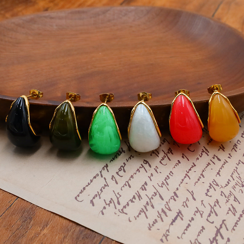 Glossy Teardrop Resin Dome Earrings - Black - 1