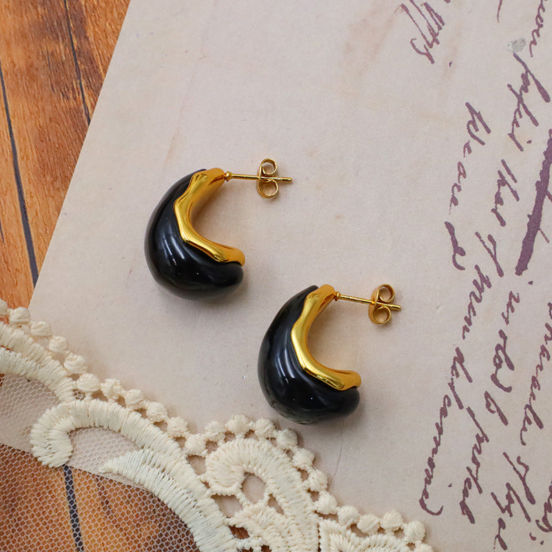 Glossy Teardrop Resin Dome Earrings - Black - 2