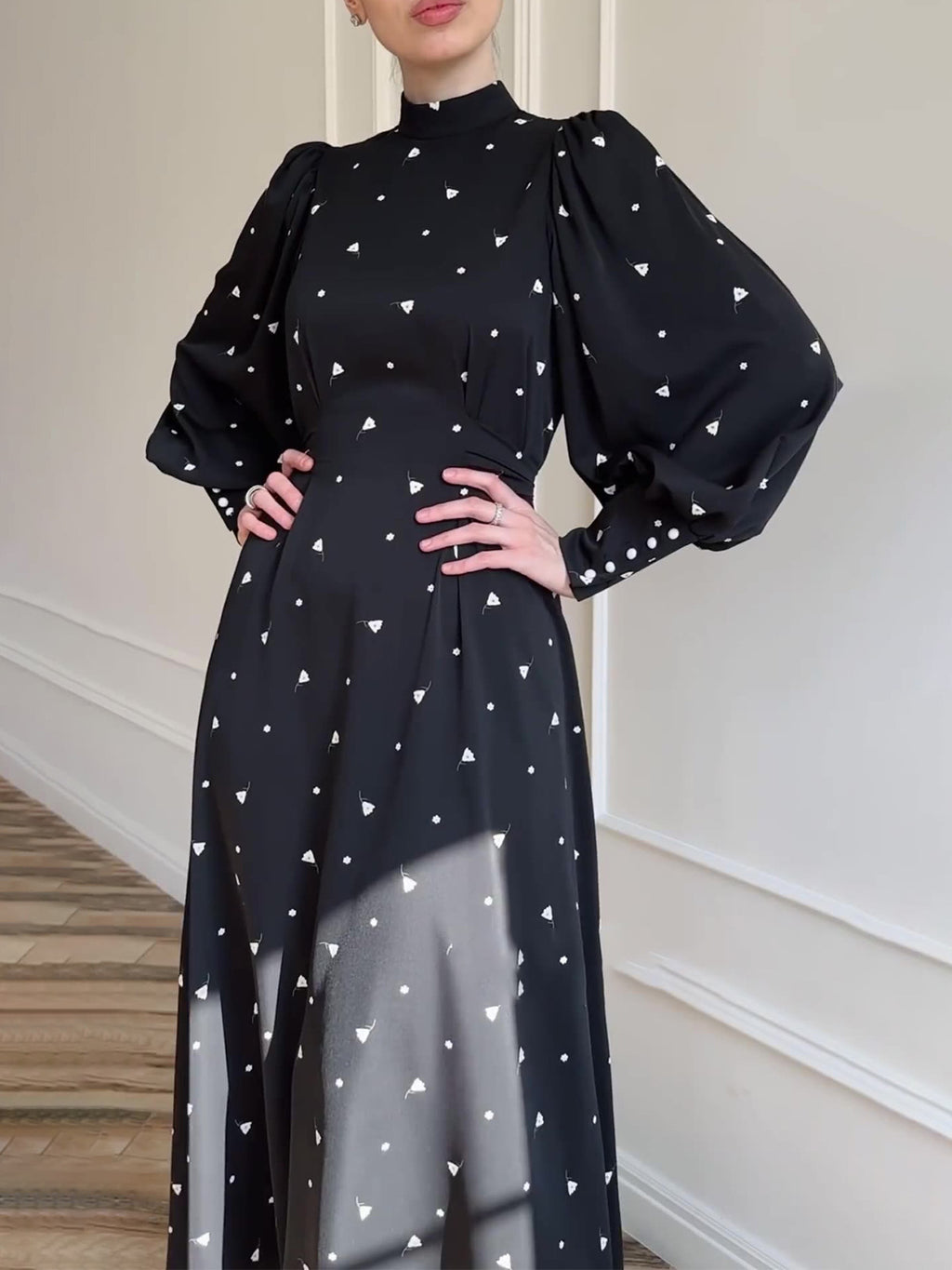Polka Dot High Neck Chiffon Maxi Dress - Black - 1
