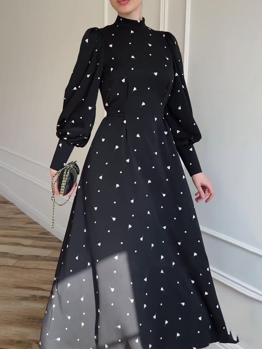 Polka Dot High Neck Chiffon Maxi Dress - Black - 2