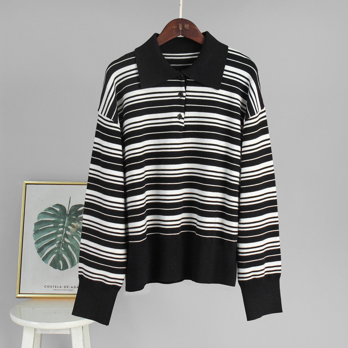 Striped Collared Button Knit Polo Top - Black