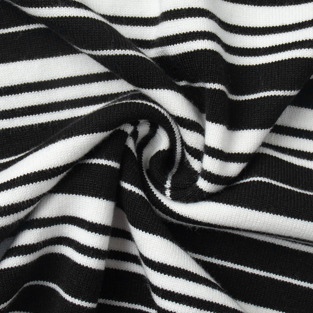 Striped Collared Button Knit Polo Top - Black - 1
