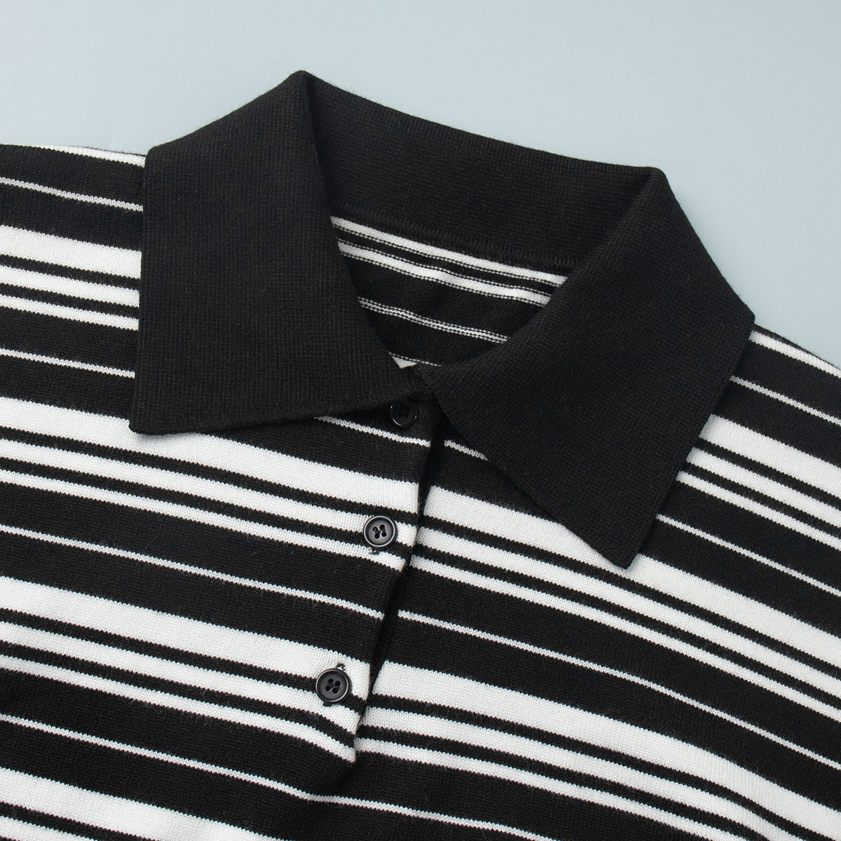 Striped Collared Button Knit Polo Top - Black - 2