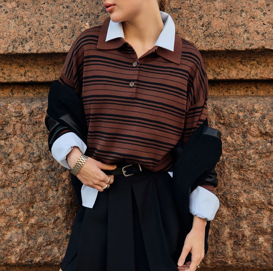 Striped Collared Button Knit Polo Top - Brown