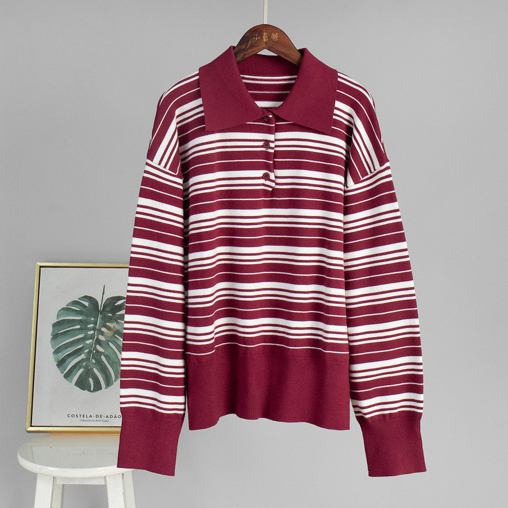Striped Collared Button Knit Polo Top - Red