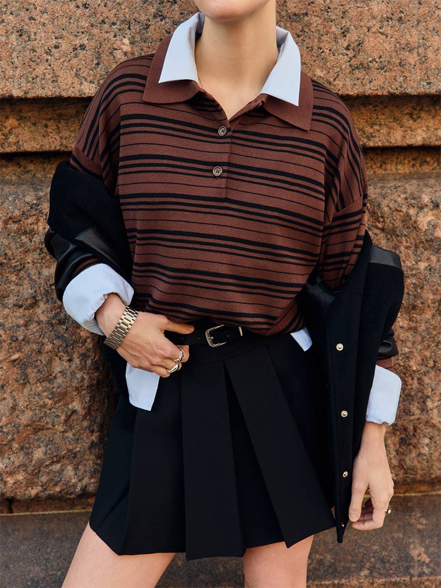 Striped Collared Button Knit Polo Top