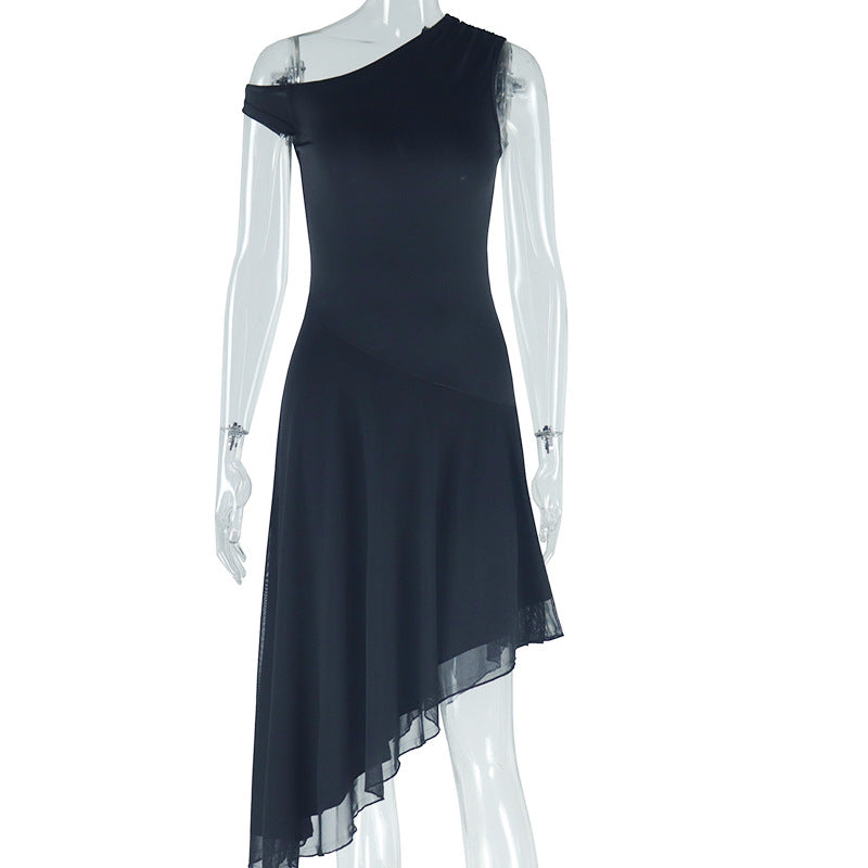 Off Shoulder Asymmetric Handkerchief Hem Midi Dress - Black - 1