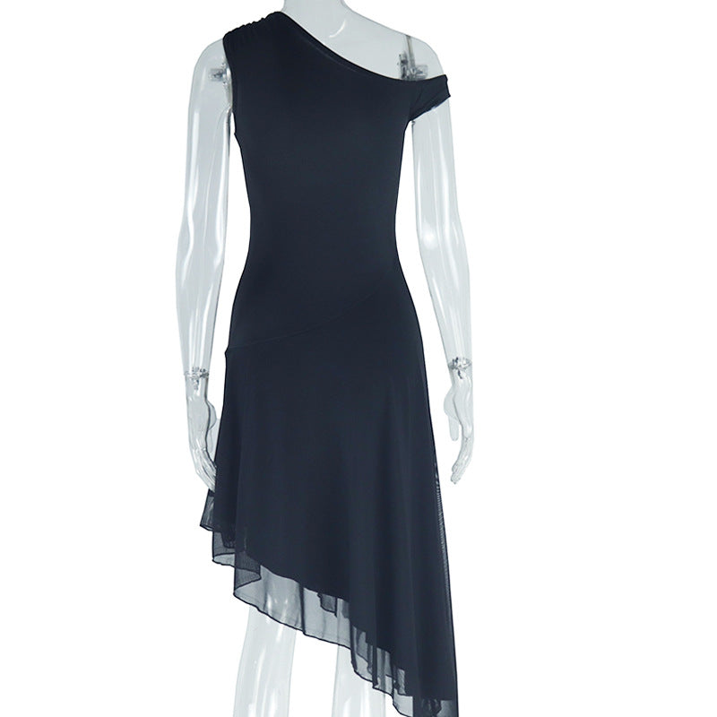 Off Shoulder Asymmetric Handkerchief Hem Midi Dress - Black - 2