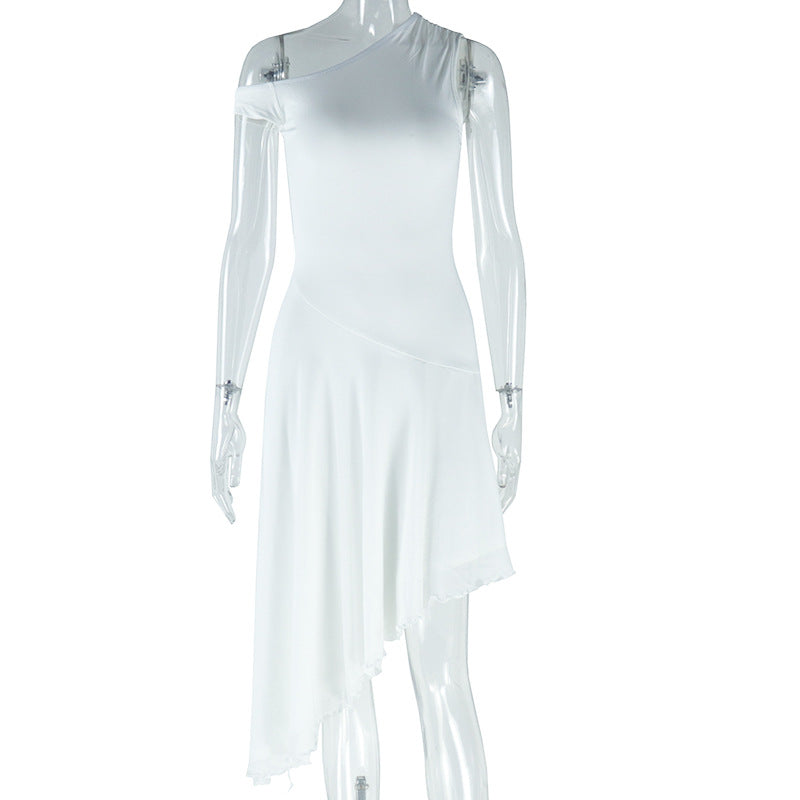 Off Shoulder Asymmetric Handkerchief Hem Midi Dress - White - 2