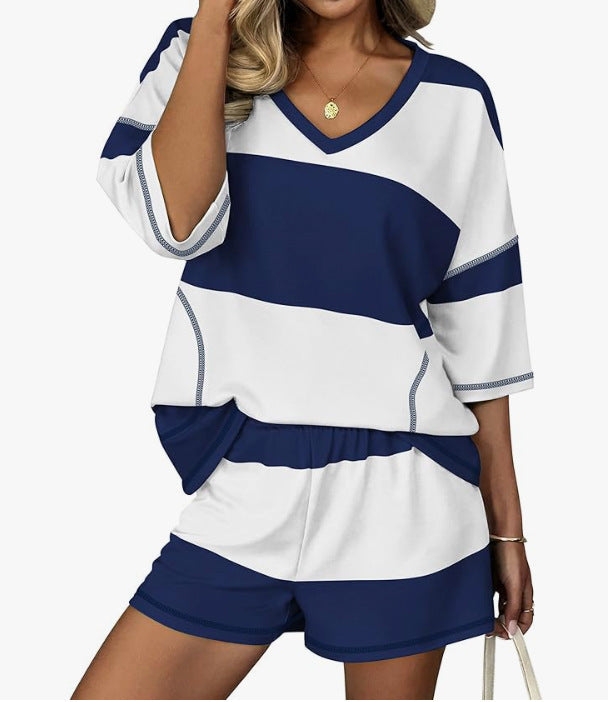 Wide Stripe Slouchy Top And Shorts Set - DarkBlue