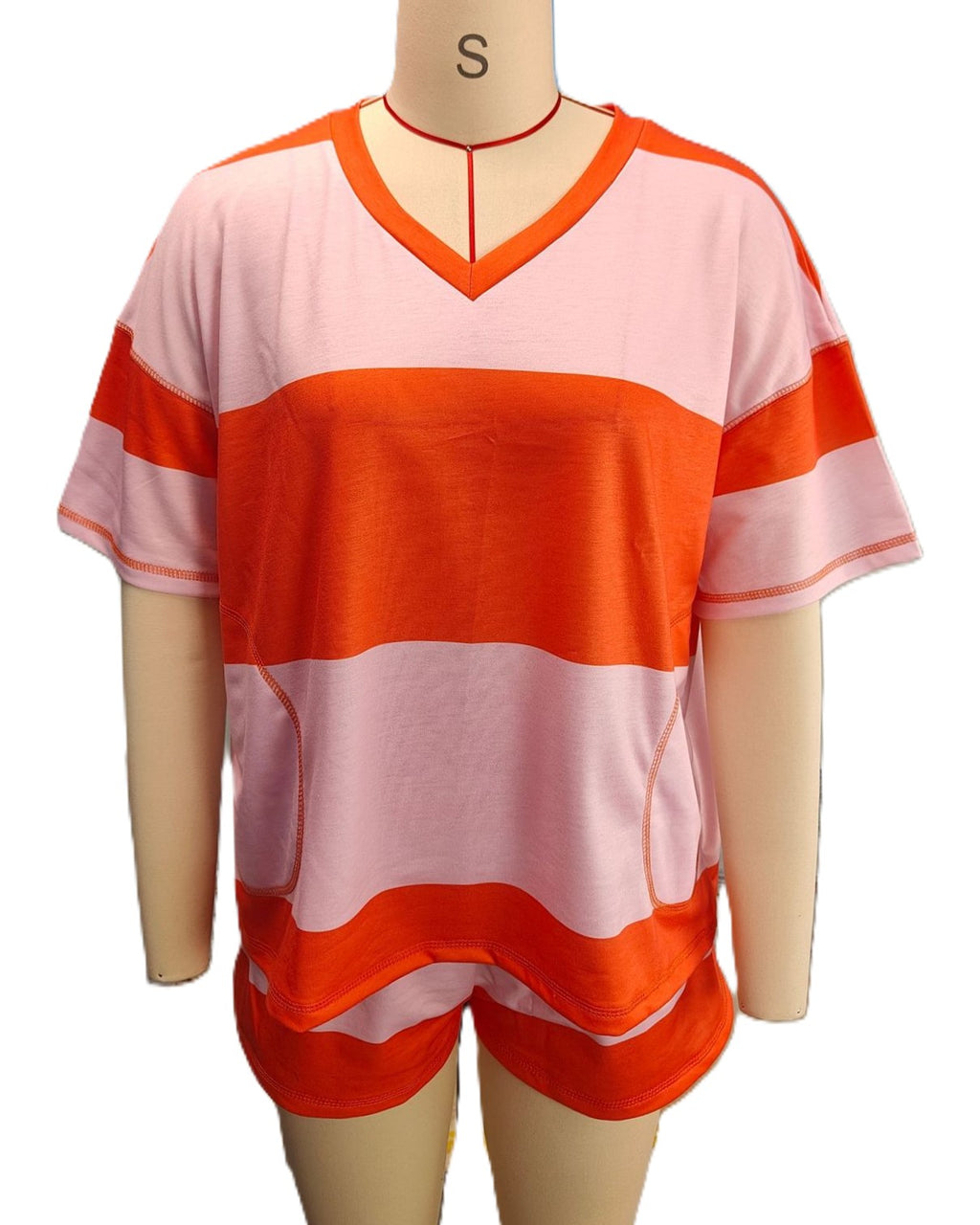 Wide Stripe Slouchy Top And Shorts Set - Orange
