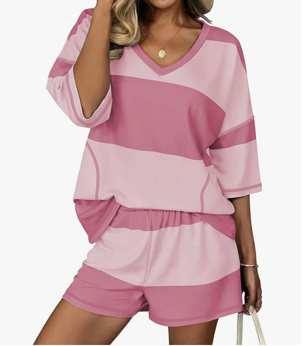 Wide Stripe Slouchy Top And Shorts Set - Pink
