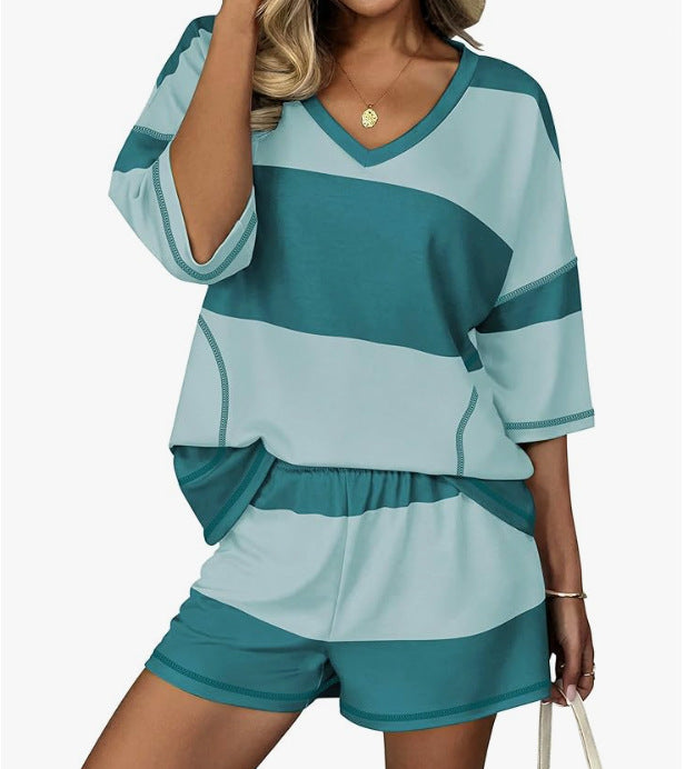 Wide Stripe Slouchy Top And Shorts Set - Teal