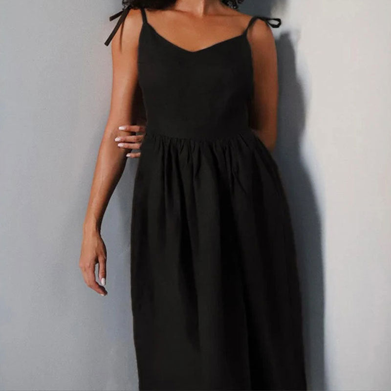 Tie Strap Open Back Midi Dress - Black