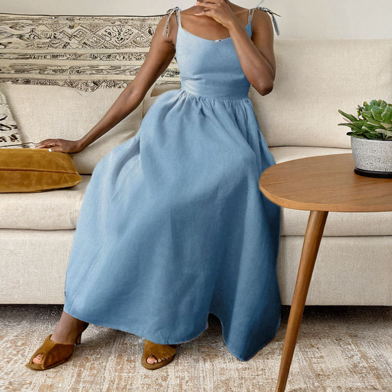 Tie Strap Open Back Midi Dress - Blue