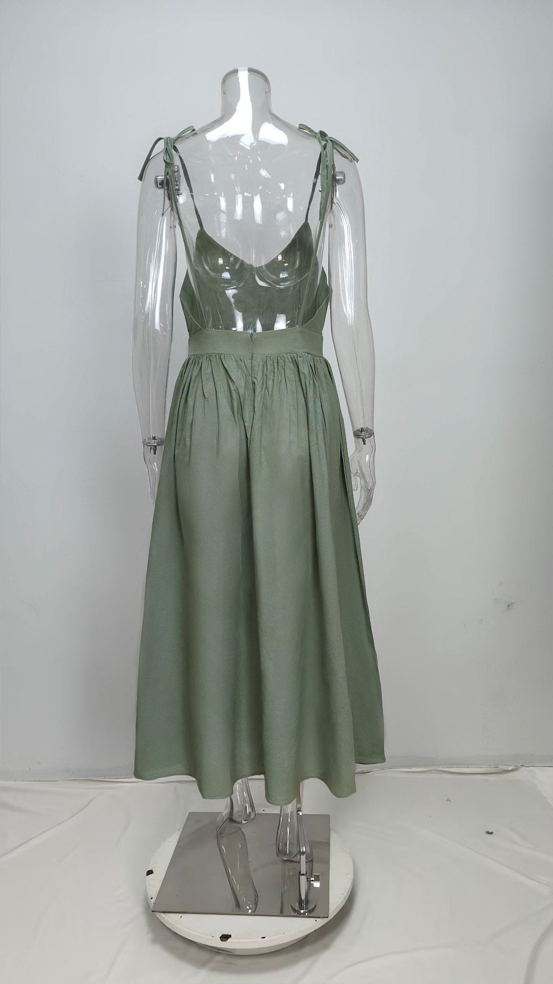 Tie Strap Open Back Midi Dress - Green - 3