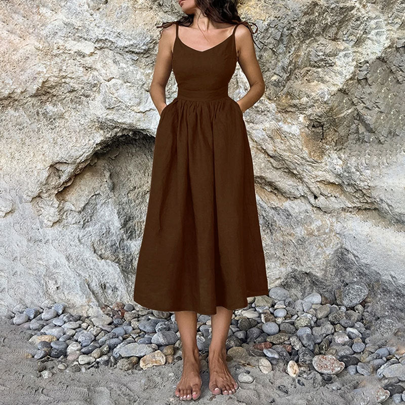 Tie Strap Open Back Midi Dress - brown
