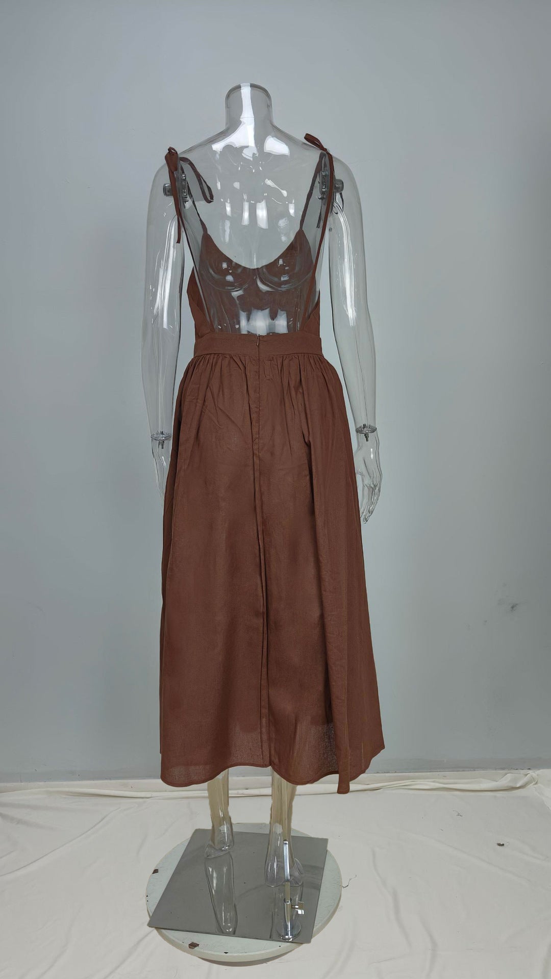 Tie Strap Open Back Midi Dress - brown - 1