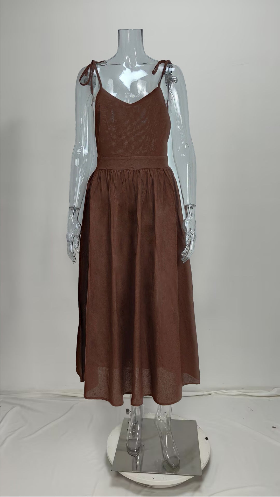 Tie Strap Open Back Midi Dress - brown - 2