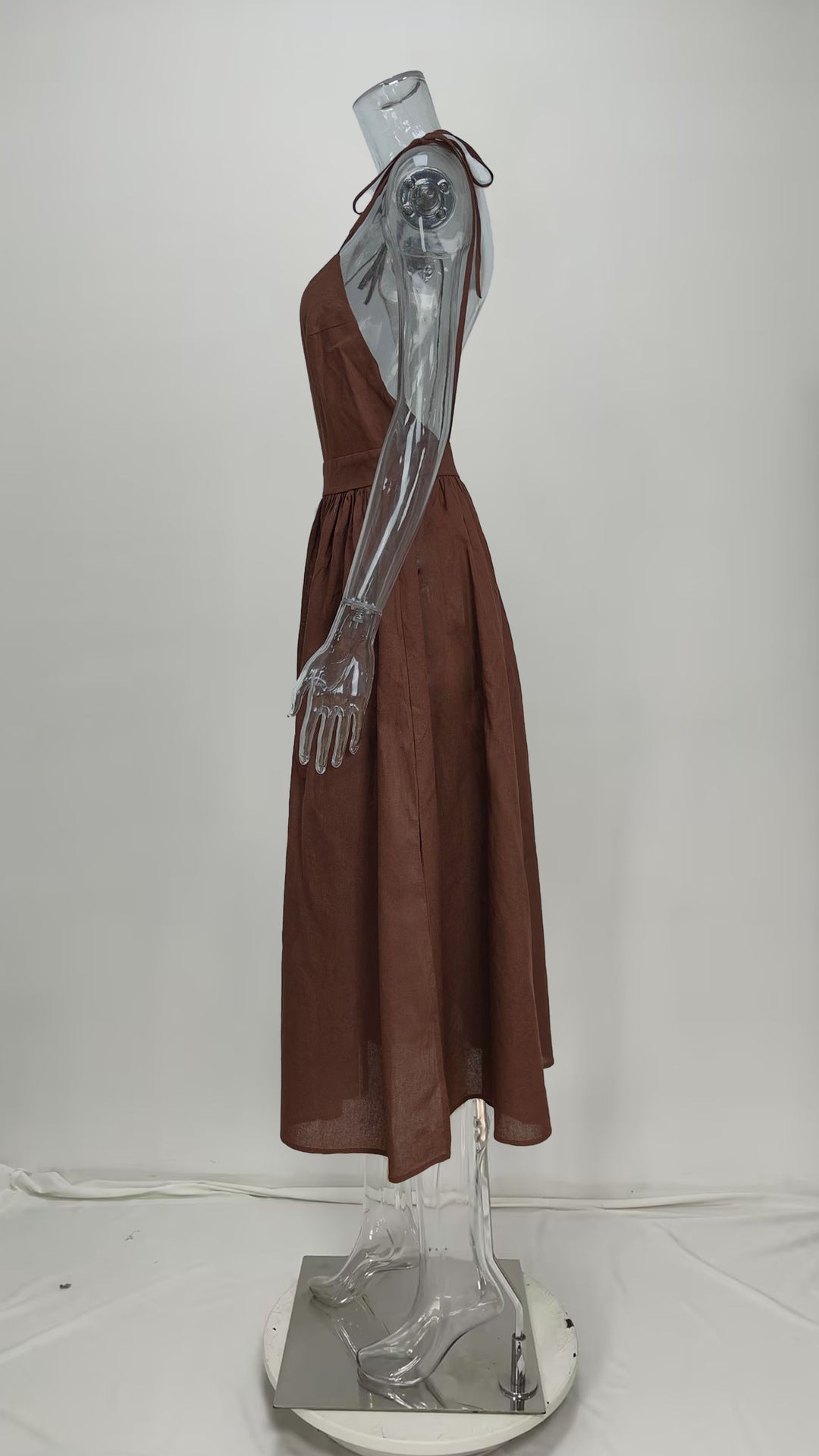 Tie Strap Open Back Midi Dress - brown - 3