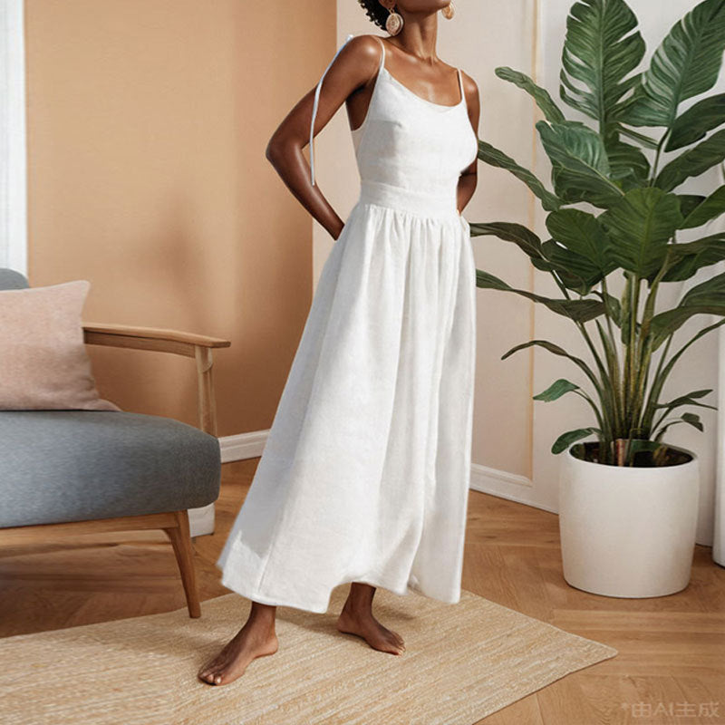 Tie Strap Open Back Midi Dress - white
