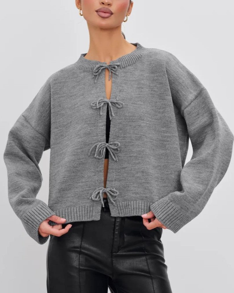 Bow Tie Front Boxy Knit Cardigan - Gray - 1