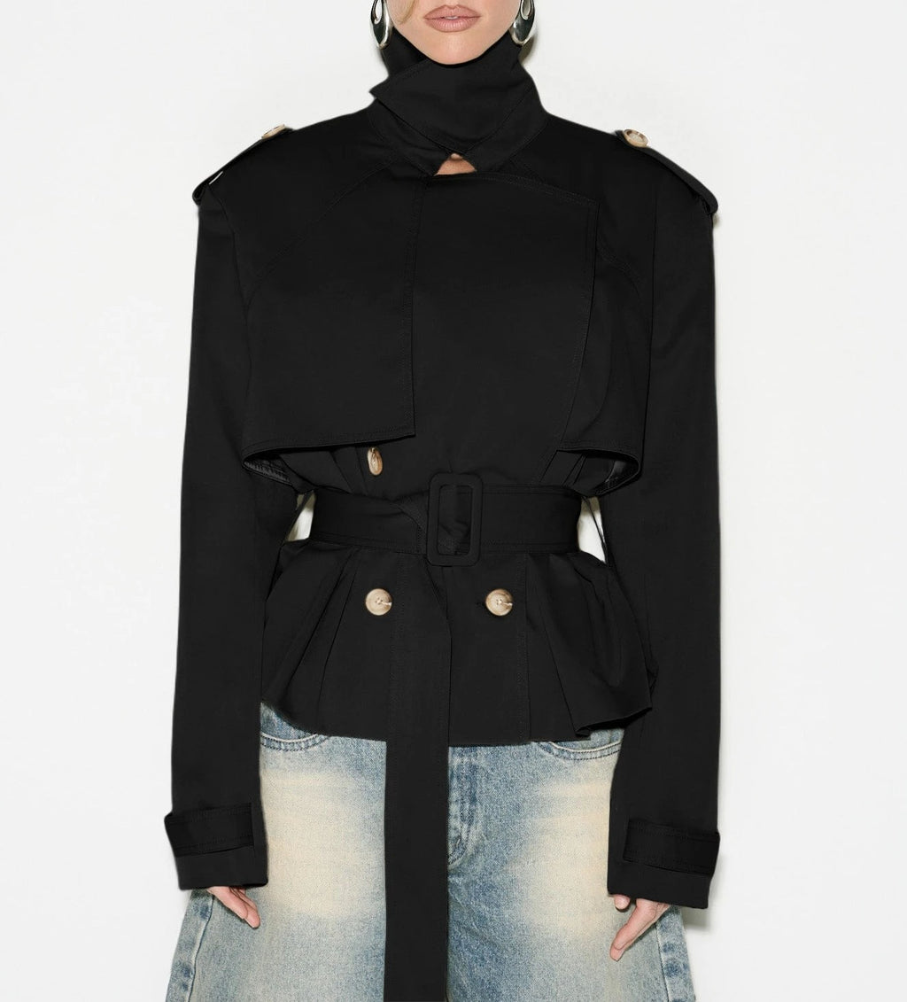 Funnel Neck Belted Peplum Cropped Trench Jacket - Black