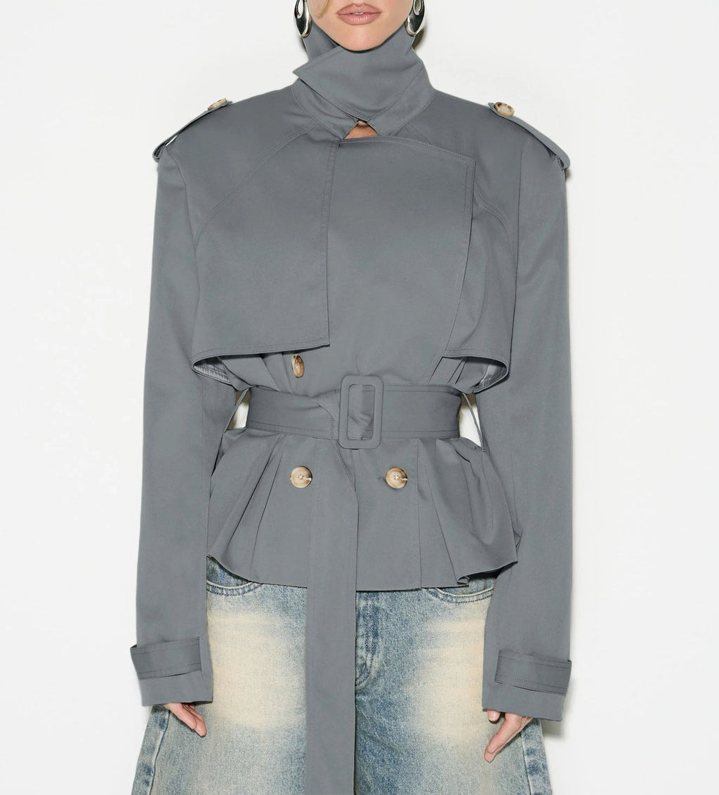 Funnel Neck Belted Peplum Cropped Trench Jacket - Grey