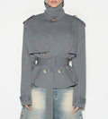 Funnel Neck Belted Peplum Cropped Trench Jacket - Grey