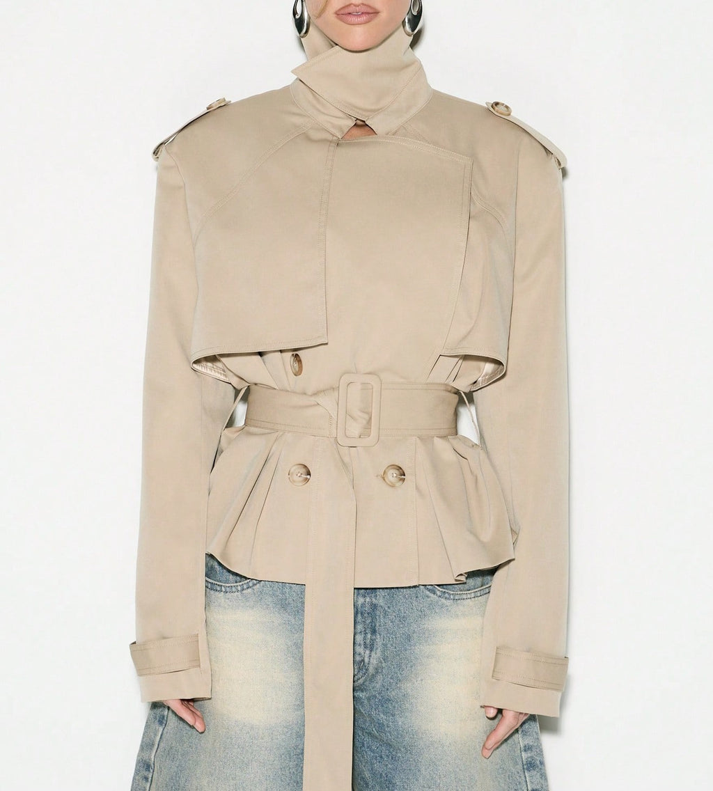 Funnel Neck Belted Peplum Cropped Trench Jacket - Khaki
