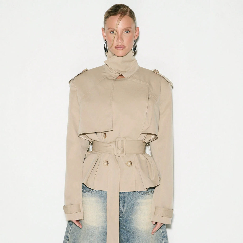 Funnel Neck Belted Peplum Cropped Trench Jacket