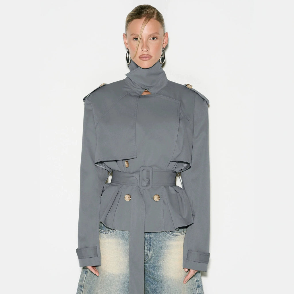 Funnel Neck Belted Peplum Cropped Trench Jacket