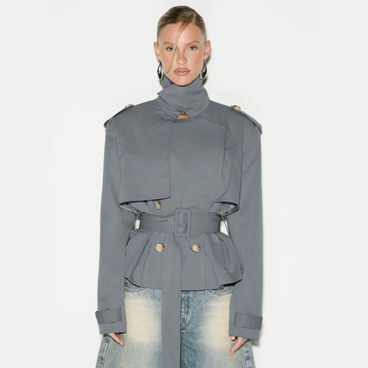 Funnel Neck Belted Peplum Cropped Trench Jacket