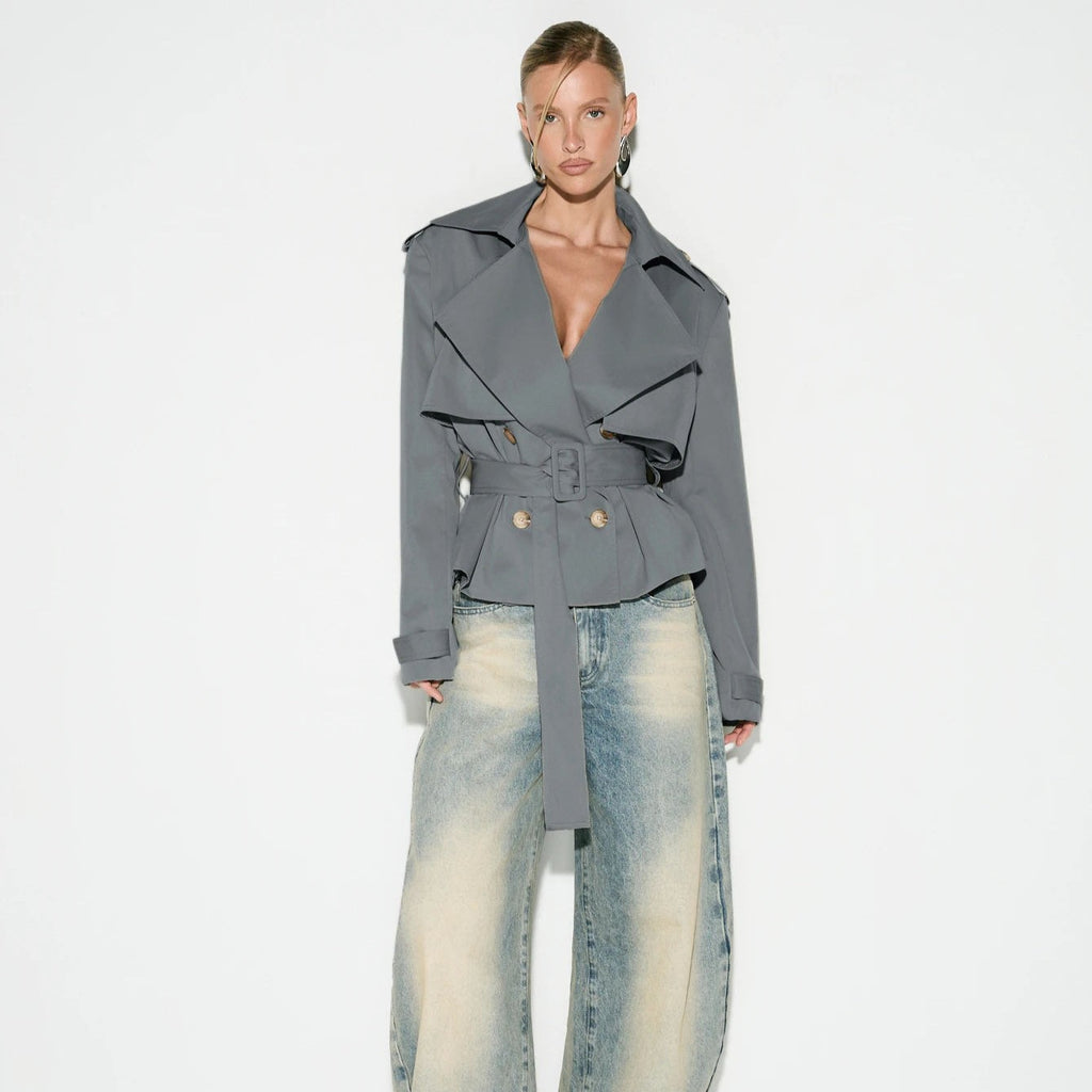 Funnel Neck Belted Peplum Cropped Trench Jacket
