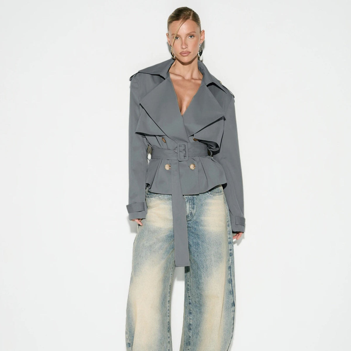 Funnel Neck Belted Peplum Cropped Trench Jacket