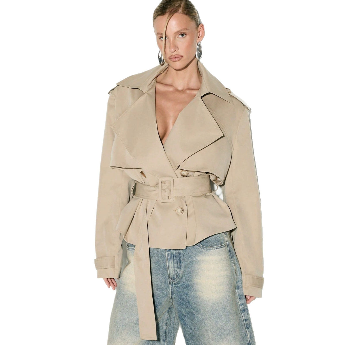 Funnel Neck Belted Peplum Cropped Trench Jacket