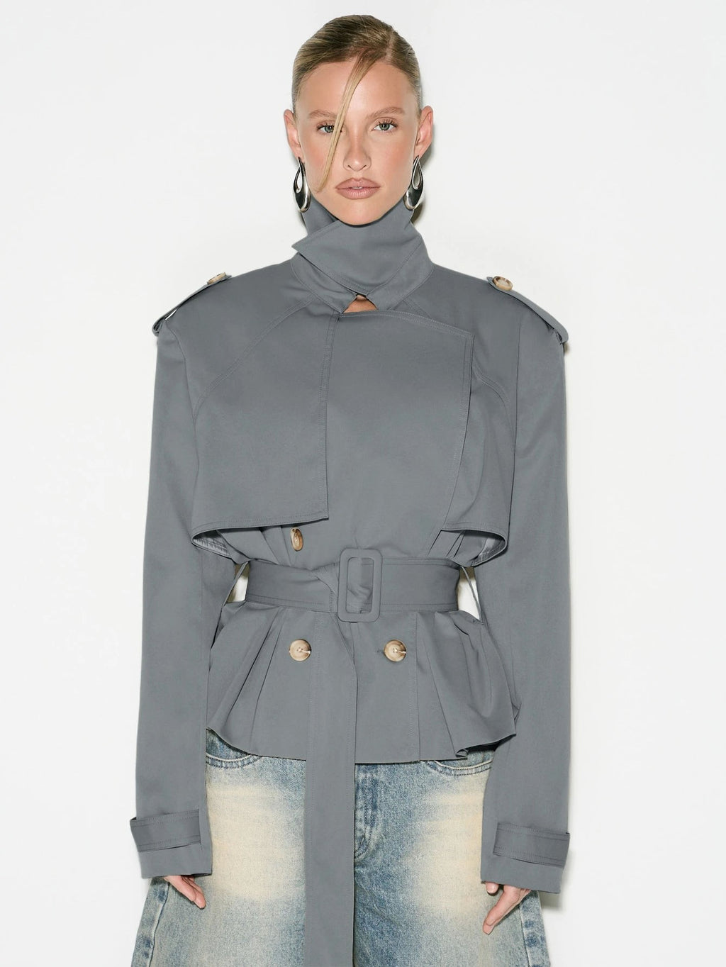 Funnel Neck Belted Peplum Cropped Trench Jacket