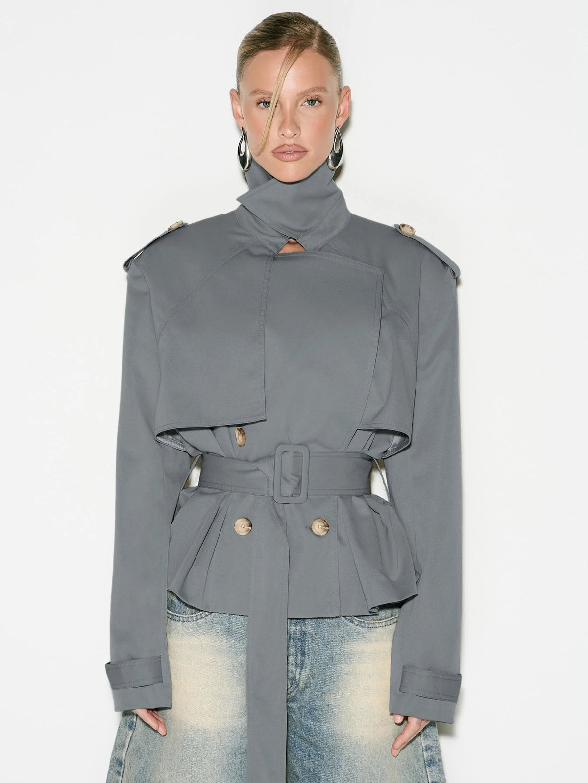Funnel Neck Belted Peplum Cropped Trench Jacket