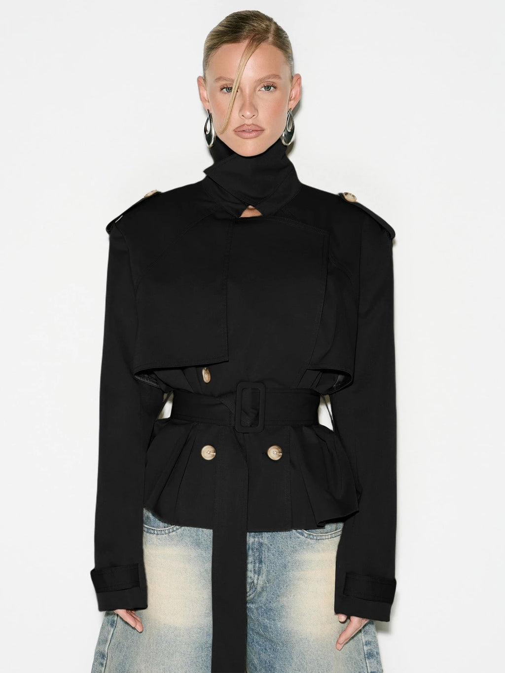 Funnel Neck Belted Peplum Cropped Trench Jacket
