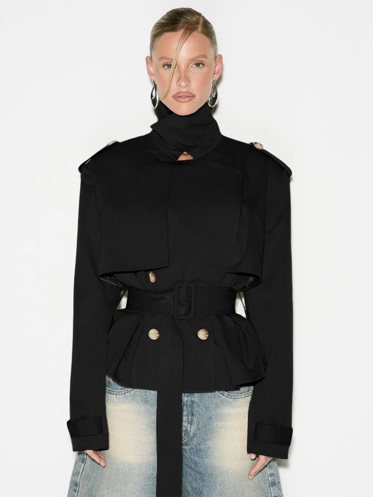 Funnel Neck Belted Peplum Cropped Trench Jacket