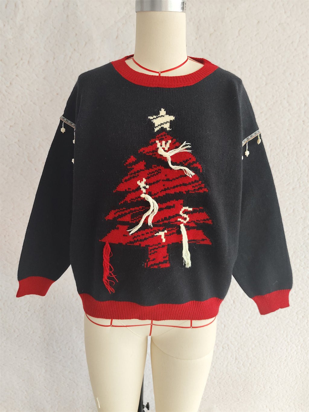 Christmas Tree Jacquard Fringe Trim Pullover - Black