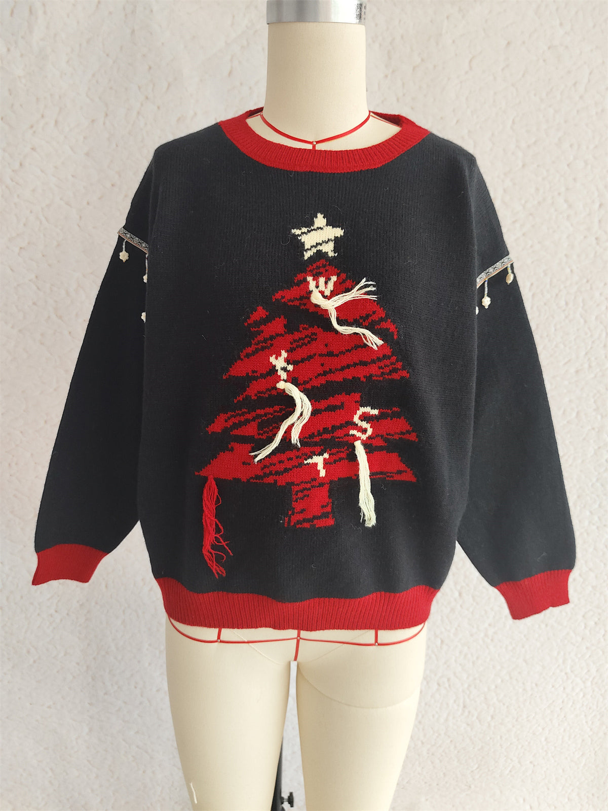 Christmas Tree Jacquard Fringe Trim Pullover - Black