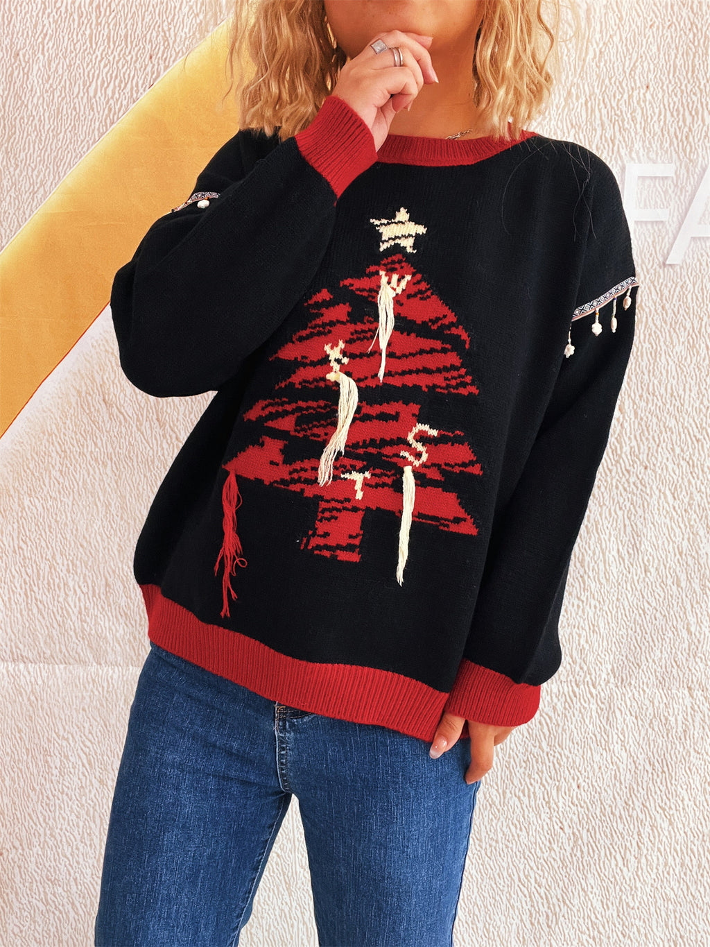 Christmas Tree Jacquard Fringe Trim Pullover - Black - 1